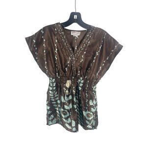 Pink Girl Collection Womens Floral V-neck Smocked Waist Satin Blouse Brown Large